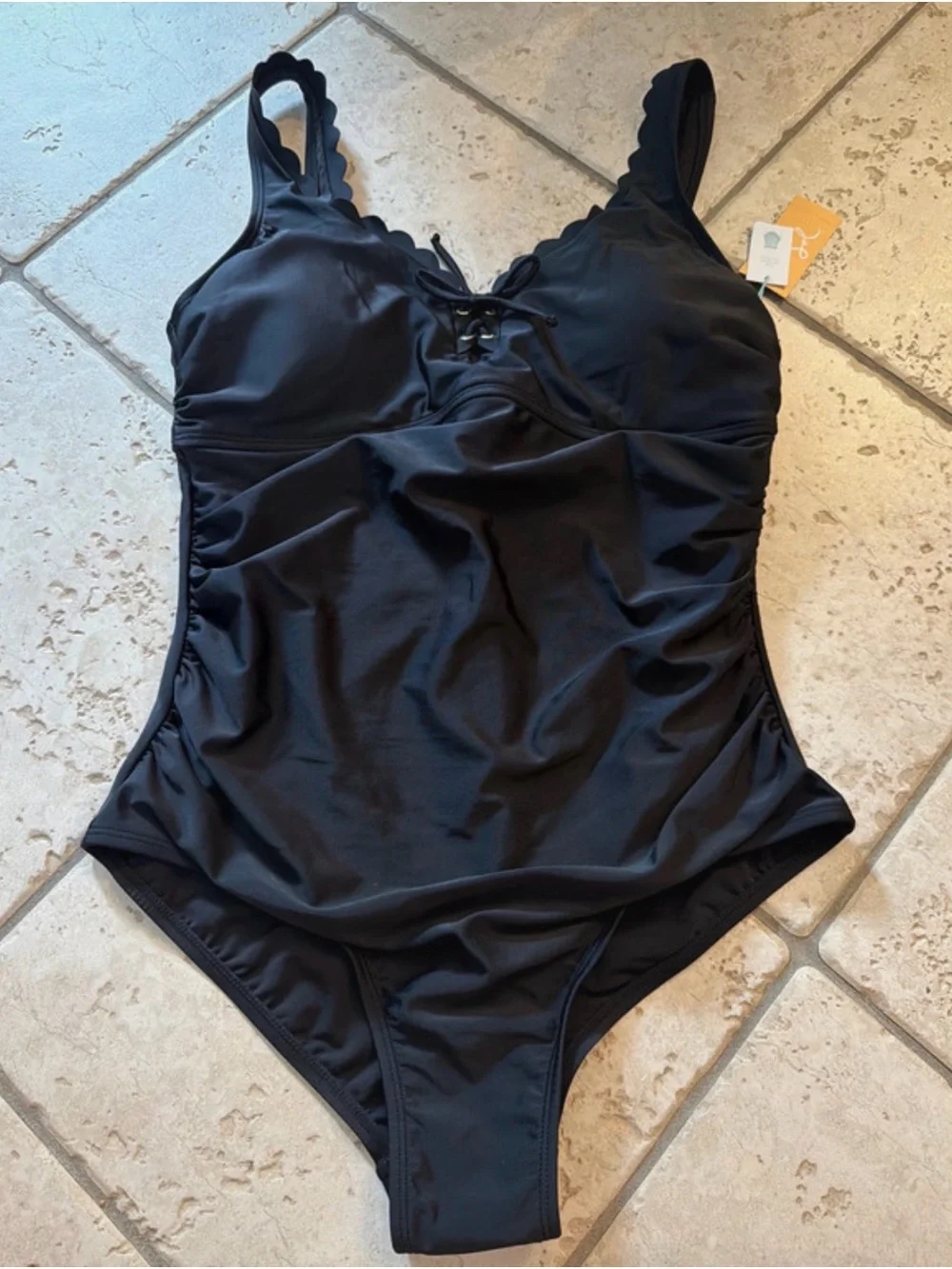 NWT Shade & Shore Black Scalloped One Piece Swimsuit Lace Up Size XL (16) Ruched